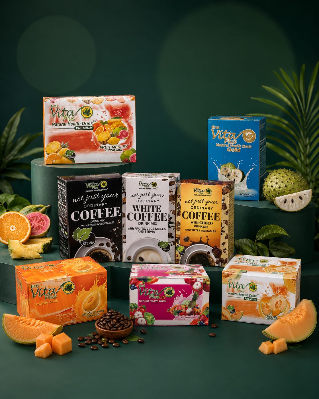 First Vita Plus coffee, fruit, melon, and herbal drink collection