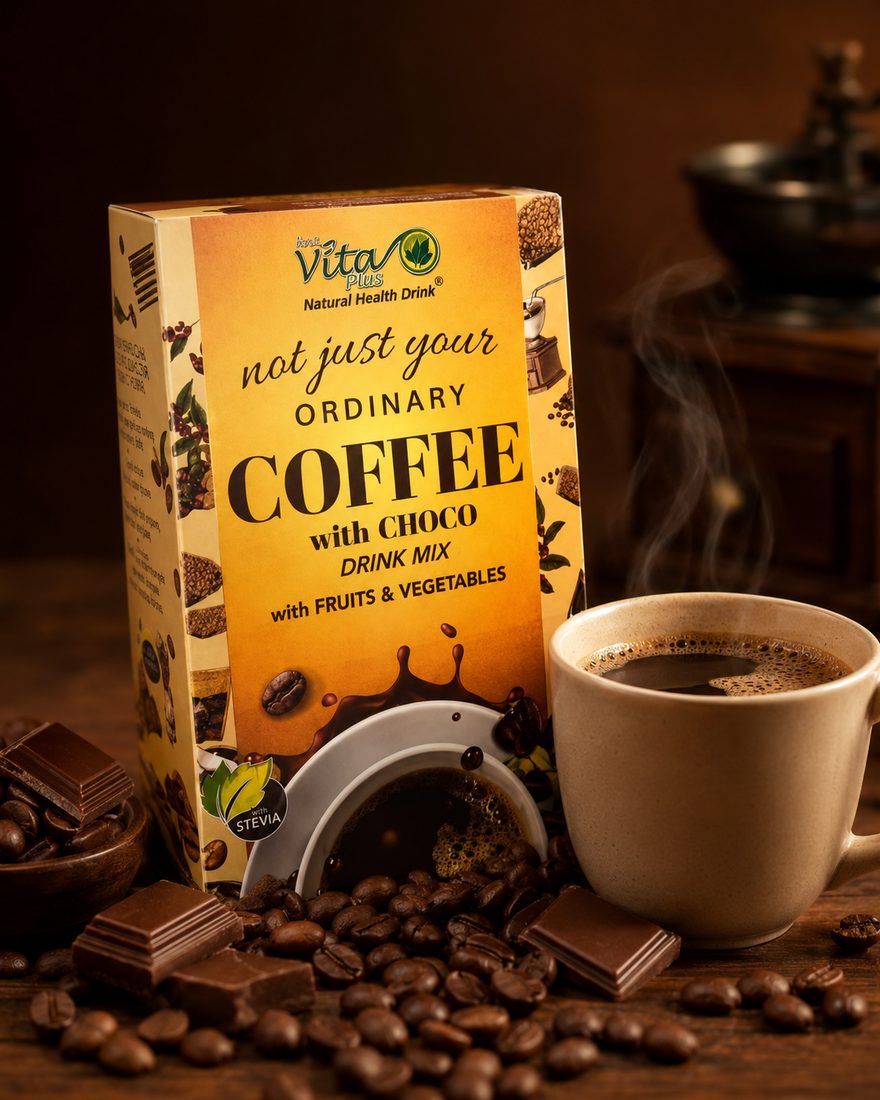 First Vita Plus Coffee with Choco beside a cup of coffee
